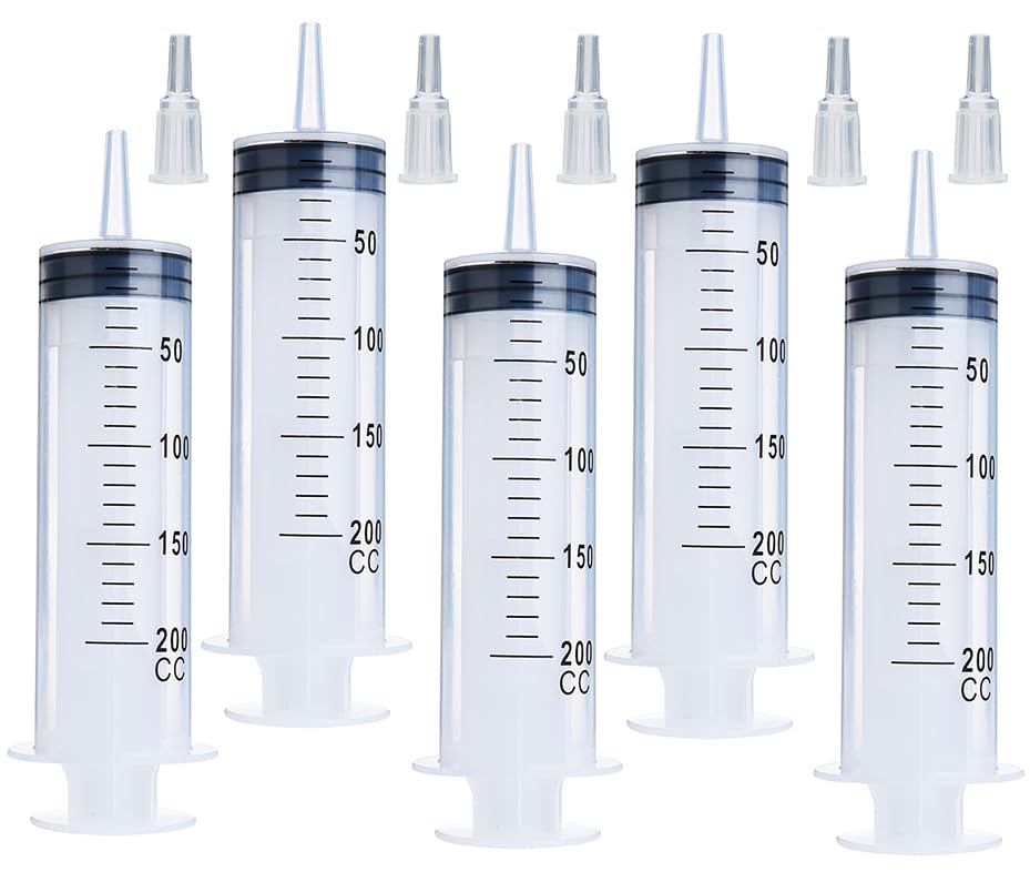 5 Pack 200ml Syringe with Cap, Individually Sterile Sealed Large Plastic Syringes for Scientific Labs, Liquid Measuring, Pet Feeding, Oil Transfer, Glue Dispensing and Plant Care - size: 200 ml