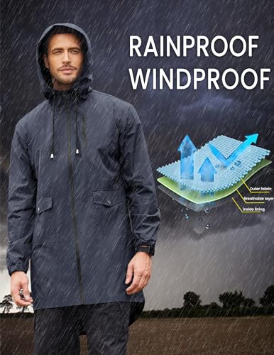 COOFANDY Men's Long Raincoat Ligtweight Rain Jacket Waterproof Outdoor Jackets with Hood - color: Charcoal Grey, size: X-Large