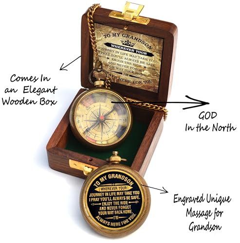 to My Son Compass with Wooden Box-Mom to Son Compass–Father to Son Gifts- to My Grandson -Graduation Day Gifts for Son-Birthday, Baptism, Graduation, Confirmation, Communion Compass for Women Men - style: # 1 To my Grandson compass