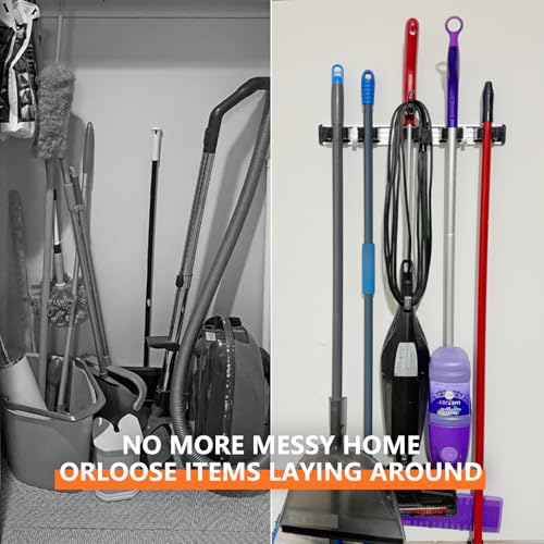 reliahom Broom Holder Wall Mount Mop Hanger Tools organizer 5Racks 4Hooks | Adjustable Mop Broom Wall Hanging Heavy duty Tools Storage Rack Space-saving for Garage,Kitchen,Laundry Room,Garden, Black - color: Black