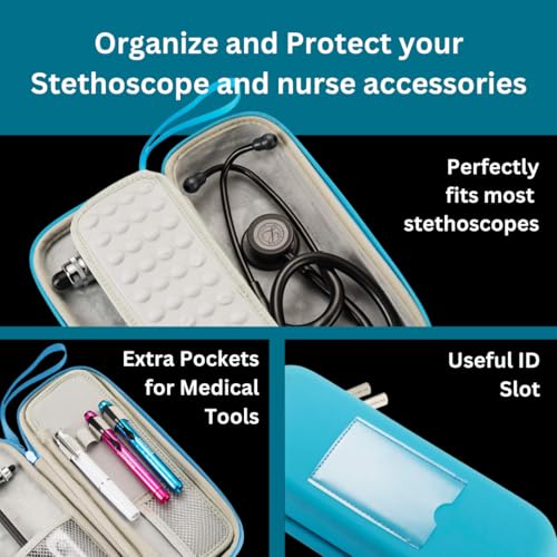 Hard Stethoscope Case for 3M Littmann Classic III, Lightweight II S.E, Cardiology IV Diagnostic, MDF Acoustica - ID Slot, Mesh Pocket for Nurse Accessories and Medical Supplies (Blue - Pu Leather) - color: Blue - Pu Leather