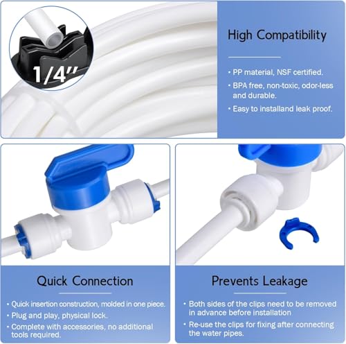 32.8ft Refrigerator Water Line Kit Connection, 1/4 Compression Ice Maker Installation Kit, 1/4" OD Water Line Kit with Quick Connect Fitting for Fridge Ice Maker Reverse Osmosis RO System Water Filter