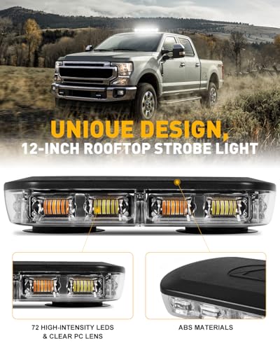 HLauto 700A Rooftop Emergency Strobe Lights Bar, 72 LED White Mini Beacon Safety Flashing Warning Traffic Lights Bar w/Magnetic Base for 12-24V Trucks, Construction Vehicles, Snowplow, Cars - color: White