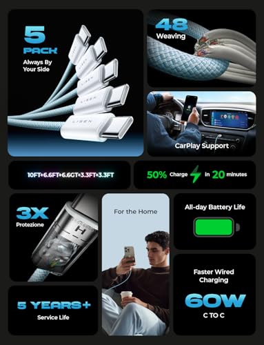 LISEN USB C Cable, 5-Pack [3.3/3.3/6.6/6.6/10FT] Blue for iPhone 17 Charger Cord, 60W C to C Cable Fast Charging for iPad, iPhone 17 Air 16 15 Pro Max, Samsung Z Flip 7/S25/S24 - color: Blue, size: 3.3+3.3+6.6+6.6+10FT