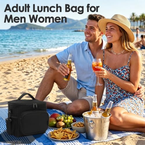 FlowFly Insulated Reusable Lunch Bag Adult Large Lunch Box for Women and Men with Adjustable Shoulder Strap,Front Zipper Pocket and Dual Large Mesh Side Pockets, Black - color: Black