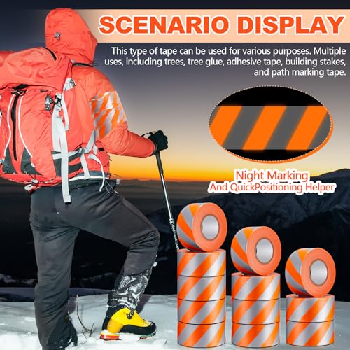 Pushglossy 12 Rolls 1.5" x 1800' Orange Flagging Tape with Silver Stripe | Non Adhesive, Reflective, Plastic Survey Ribbon Surveyor Caution Trail Marking Tape for Tree Mark Hunting Hiking Construction - size: 1.5"x 150'