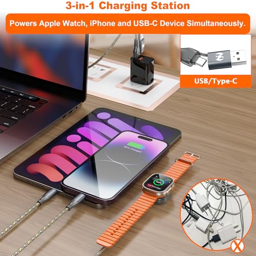 3 in 1 Multi Charging Cable for Apple Watch Charger Fast Charging Cable 6FT | Travel Charging Cords for Multiple Devices with iwatch USB-C Lightining Braided for iWatch Ultra/SE/11-2 iPhone17-5 Kindle - color: GreyGold-6ft