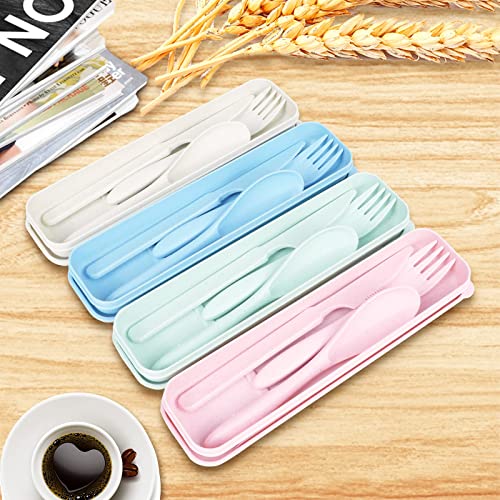 Reusable Travel Utensils Set with Case, 4 Sets Wheat Straw Portable Knife Fork Spoons Tableware, Eco-Friendly BPA Free Cutlery for Kids Adults Picnic Camping Utensils(Green, Beige, Pink, Blue) - color: 4 Sets - Green, Beige, Pink, Blue