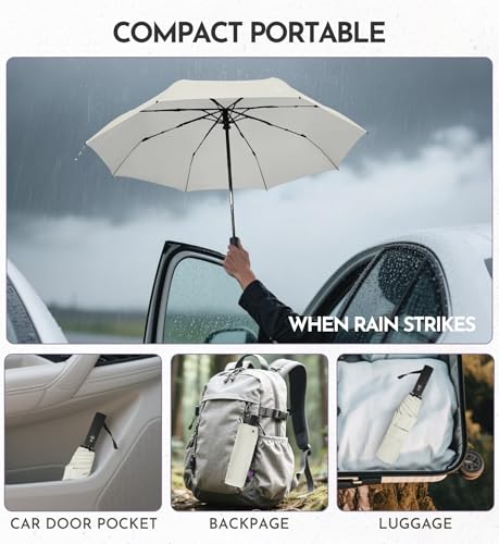 Windproof Travel Umbrella for Rain - 43" Compact Folding Umbrella, Reinforced Strong Frame, Lightweight Portable Parasol with UPF 100+ UV Sun Protection, Cruise Ship Essentials - color: 1-Beige