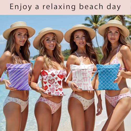 Wet Bag, 4Pcs Wet Dry Bag Set, Reusable Waterproof Bags with Purple Diagonal, Bow, Heart & Blue Diamond Lattice Prints for Women, Suitable for Beach Trips & Daily Organizing - color: Stripe & Bow & Heart & Plaid