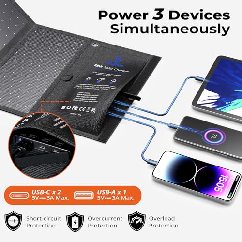 BigBlue 28W High-Efficiency Solar Panel Charger with Dual USB-C and USB-A | Solar Phone Charger for Camping, Backpacking, Folding Solar Panels for iPhone, iPad, Samsung Galaxy, Power Bank, GPS etc - color: Black