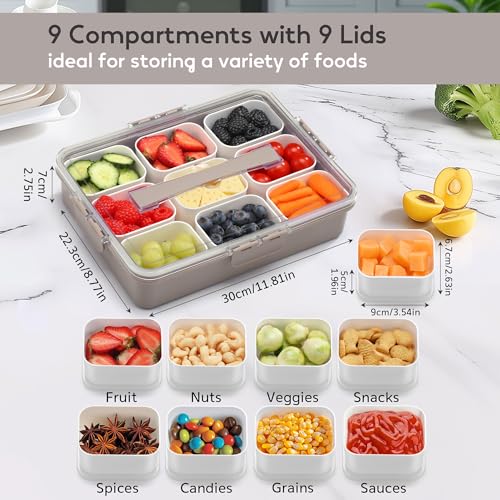 Snackle Box Container for Adults with 9 Compartment, Divided Serving Tray Snack Box Containers with Lid and Handle, Charcuterie Boxes Portable Snack Platter for Fruit Veggie Party Travel, Brown - color: Brown