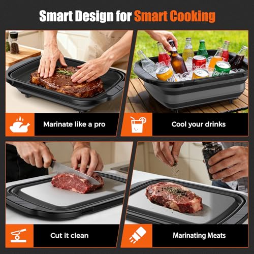 Collapsible BBQ Prep Tubs with Titanium Cutting Board, Large-Capacity（5.3Gal/20L）Barbecue Utensils, with Locking Lid, Strong Sealing and Leak-Proof Design. Suitable for Kitchen and Outdoor.