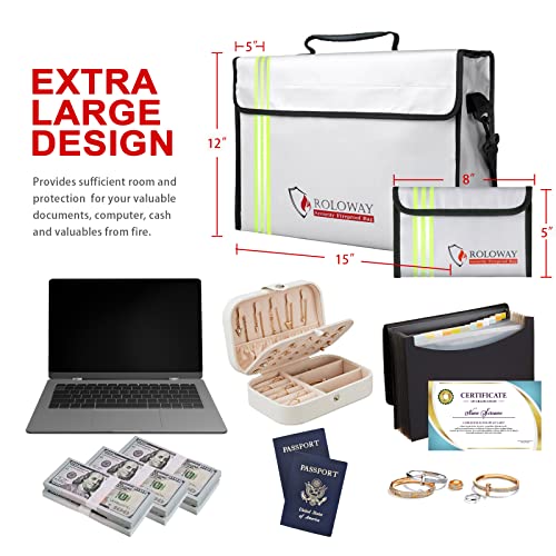 ROLOWAY Large (15 x 12 x 5 inches) Fireproof Bag with Reflective Strip, Water Resistant Fireproof Document Bag Safe for Money, Documents and Valuables Storage - size: Large + Small, style: Silver With Reflective Strip