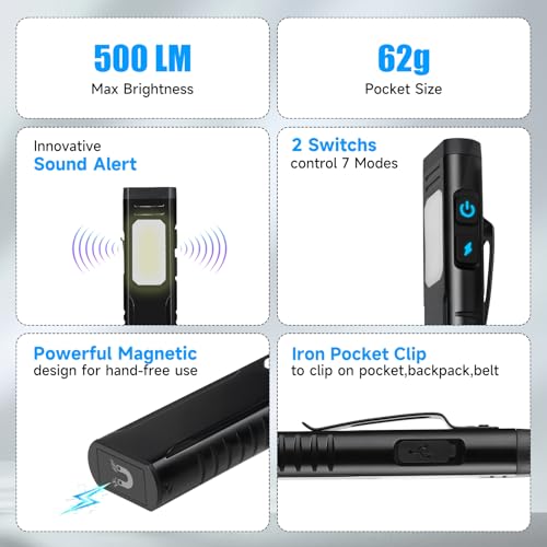 Flat EDC Flashlight Rechargeable, Magnetic Flashlights with Beep Alert - color: Black