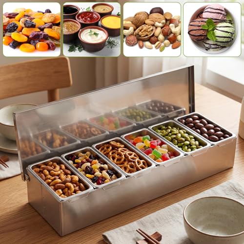 6 Compartments Stainless Steel Chilled Condiment Tray, Garnish Tray with 6 Removable Compartments, Chilled Condiment Dispenser with Lid, Fruit Serving Containers - size: 6 Compartments