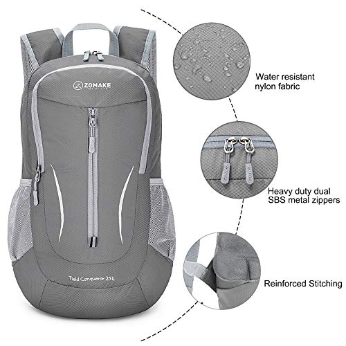 ZOMAKE Lightweight Packable Backpack 25L, Foldable Hiking Daypack - color: Medium Grey, size: 25L