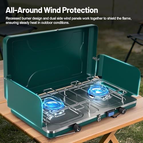 2 Burner Propane Stove, 20000BTU Portable Camping Stove with 2 Adjustable Burner and Wind Guards, Camping Cooktop with Ignition & Griddle for Camping,Tailgating, BBQ, Grilling,Outdoor Gear - color: Deep Green