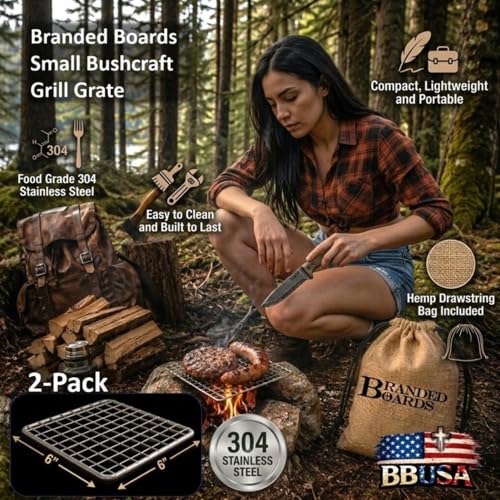 Portable Bushcraft Stainless BBQ Cooking Grill Grates & Burlap Hemp Drawstring Bag. Camping, Campfires, Backpacking, Hunting & Fishing. (Two Small Grills + Bag) - size: Two Small Grills + Bag