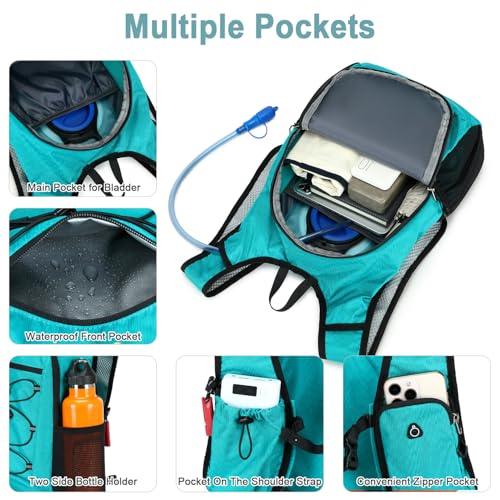 BOVIP Lightweight Hydration Back,15L Multipurpose Hiking Backpack with 1.5L Water Bladder ,Hydro Water Daypack for Cycling Hiking Rave for Men Women - size: Blue