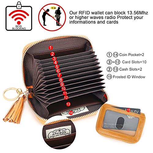 APHISON RFID Credit Card Holder Zipper Card Case Keychain Small Wallet for Women 1927 DARK-YELLOW - color: A-DARK-YELLOW（single zip）