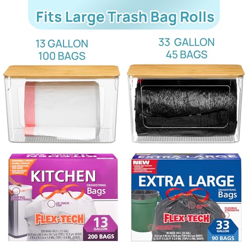 Vtopmart 2 Pack Trash Bag Holder with Bamboo Lid, Garbage Bag Dispenser | Stackable Trash Bag Organizer for 13/30/33 Gallon Bags, Clear Organizer Bins for Under Sink, Laundry Room Organization - size: 2 Pack with Bamboo Lid