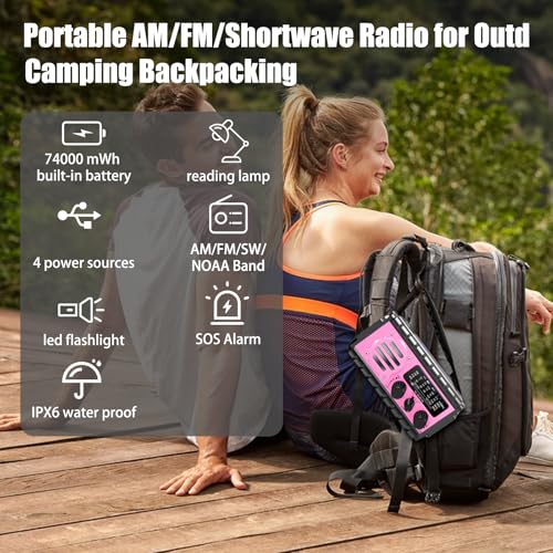 NOAA Weather Radio, 20000mAh Emergency Portable Radio, Hand Crank & Solar - color: 20000mAh Pink