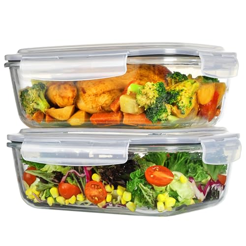 Vtopmart 2Pack 2260ml/76.4oz Extra Large Glass Storage Containers, Grey | Meal Prep Food Container Set with Snap Airtight Lids, Microwave, Oven, Freezer, Dishwasher Safe, Baking, BPA Free - color: Grey, size: 76.4oz