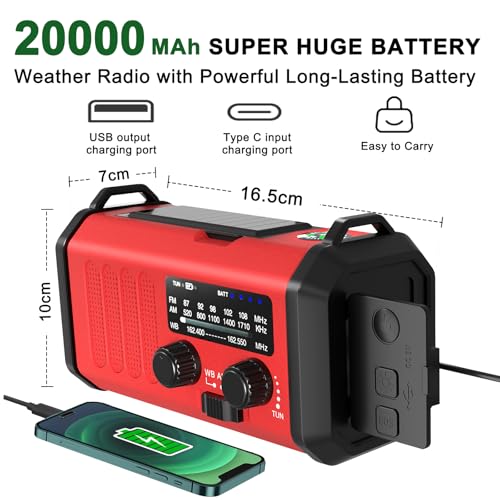 Emergency Radio NOAA Weather Radio Hand Crank & Solar Charging 20000mAh - color: Scarlet 20000mAh