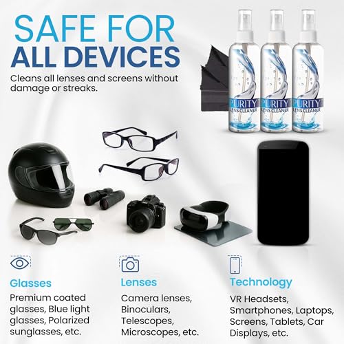 Purity Eyeglass Lens Cleaner Spray Kit - 3 x 8oz Lens Cleaner Spray Bottle + 2 Microfiber Cloth for Cleaning - Safe for All Lenses (AR Coated Included), Eyeglasses and Screens - style: 5 Piece Set - 3 (8oz Lens Spray) + 2 (Microfiber Cloth)