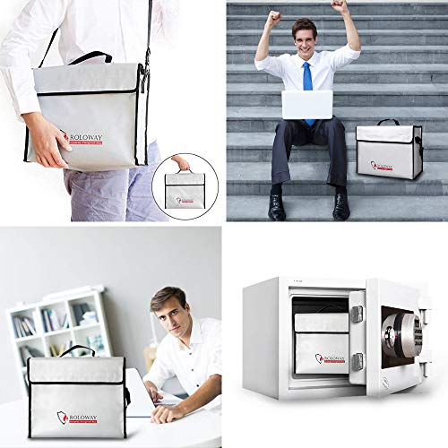ROLOWAY Fireproof Document & Money Bags, Large Fireproof & Water Resistant Bag (15 x 12 x 5 inches), Fireproof Folder Safe Bag for Cash, Valuables & Passport, with Silicone Coating & Zipper Closure - size: Large + Small, style: Silver Without Reflective S