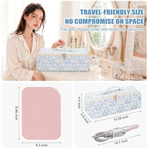 Waterproof Hair Tools Travel Bag with Heat-resistant Mat for Dyson Airwrap | PU Leather Organizer Compatible with Shark Flexstyle, Wide-open Hair Tool Bag, Fits Most Straighteners/Curlers/Dryer - color: Blue