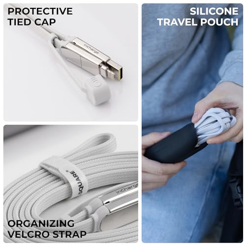 Rolling Square inCharge XL 6-in-1 Multi Charging Cable, Portable USB and USB-C Cable with 100W Ultra-Fast Charging Power, 10 Ft/3m, Glacier White - color: Glacier White