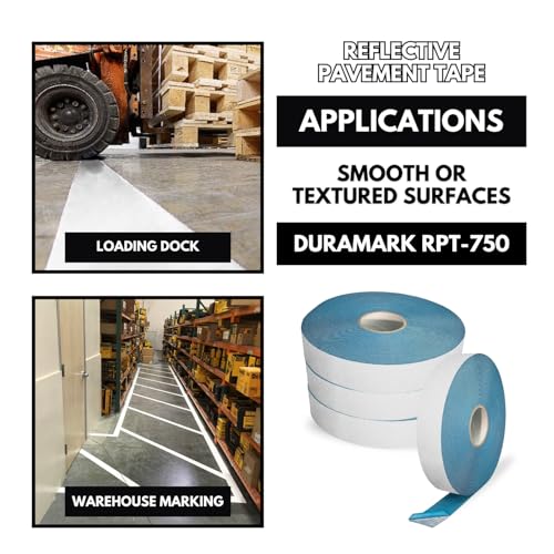 DuraMark RPT-750 Reflective Pavement Marking Tape, White, 2 in x 108 ft | Permanent rubber base bonds to asphalt and concrete; glass-bead reflectivity improves low-light visibility. - color: White, size: 2 Inch x 108 Ft