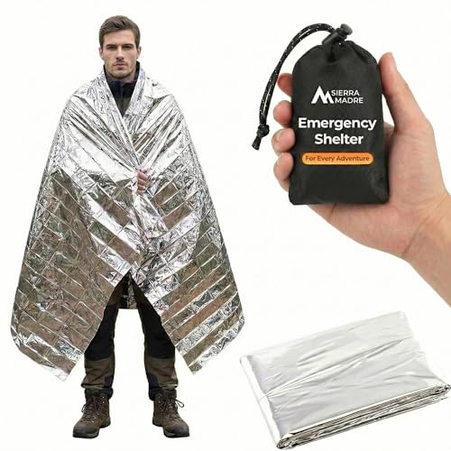 Sierra Madre Emergency Mylar Blanket, Waterproof Survival Shelter (Pack 1) | Retains 90% body heat • Rigs into emergency shelter • High-visibility reflective surface • Car, camping & first aid kits - size: Pack of 1