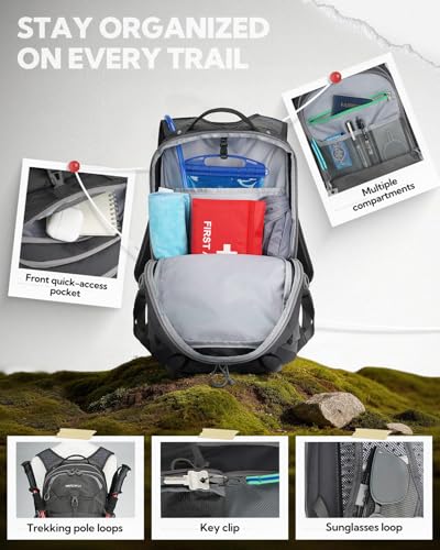 WATERFLY Small Lightweight Hiking Backpack: 20L Outdoor Daypack with Phone Pocket, Hydration Compatible, Breathable Backpanel, Multi-Compartment for Camping Trekking Travel Women Men - color: Grey