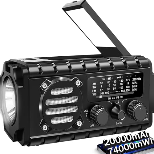 20000mah Hand Crank Emergency Radio, SW/NOAA/AM/FM Weather Radio, Solar Powered Hand Crank Charger with Big Battery Powered, Portable, Cellphone Charge, SOS, Flashlight for Emergency/Home (Black) - color: 20000mAh Black