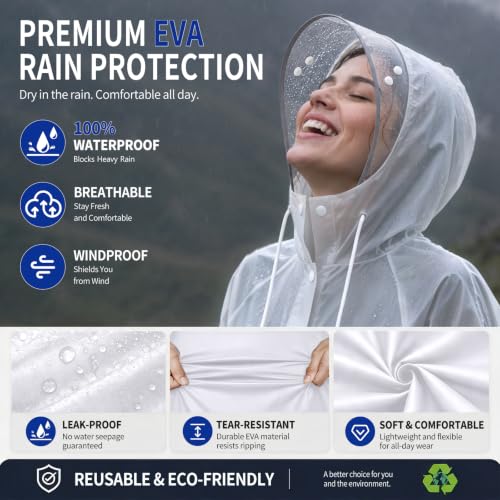 Women's EVA Raincoat, Waterproof Hooded Long Rain Poncho - color: Clear White, size: X-Large