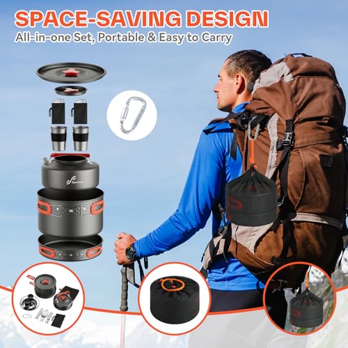 Sportneer Camping Cookware Set, 18Pcs Non-Stick Lightweight Pots, Pan, Kettle with Stainless Steel Cups, Plates, Forks, Knives & Spoons for Camping, Backpacking, Hiking, Outdoor Cooking & Picnic