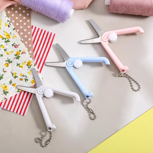 3 Pcs Keychain Scissors Mini Folding Scissors Portable Travel Pocket Scissor for Badge Reel, Scrapbook, Crafts, Pink, White, Blue