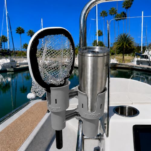 ROBOCUP, (Gray), Patented Clamp On Boat Cup Holder |Multifunction Dual Drink Caddy for Fishing Poles, Tools, Net, Gaff |Portable Storage for Boating, Beach, Umbrellas, Golf Carts, Strollers - color: Gray, size: Standard Spring