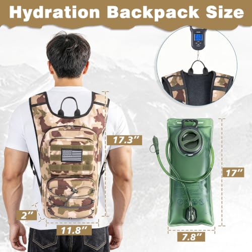 Hydration Backpack, Tactical Molle Water with 3L TPU Water Bladder | Lightweight Military Hydration Daypack for Hiking, Running, Cycling, Climbing, Biking, 105 oz, Breathable Back Panel - color: Khaki Camouflage