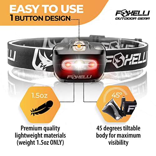 Foxelli LED Headlamp Flashlight for Adults & Kids, Running, Camping, Hiking Head Lamp with White & Red Light, Comfortable Headband, Lightweight & Waterproof, 3 AAA Batteries - color: 2-Pack Black