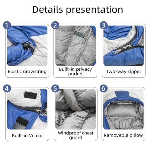 Down Sleeping Bag with Pillow,Ultralight and Compact - color: Blue, size: Extra Large 20°F
