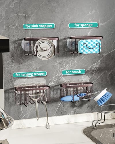 HapiRm Multifunctional Sponge Holder for Kitchen Sink with Unique M-Shaped, 2 Installation Methods Sink Caddy, Stainless Steel Kitchen Organizer for Sponge, Brush, Sink Stopper and Scraper -Bronze - color: Bronze, size: with M-shaped Holder