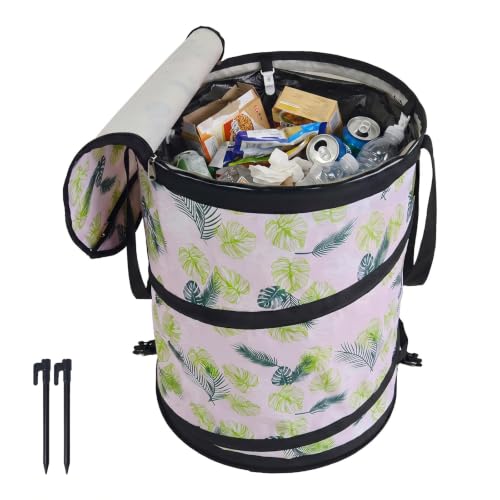 Collapsible Trash Can camping with Zipper Lid, 24 Gallon Pop Up Trash Can for Camping & RV Storage and Organization, 900D Oxford Waterproof Portable Garbage Can with Hard Bottom & Ground Stake