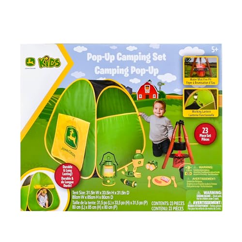 John Deere Pop-Up Camping Tent, 18 Piece Set Includes Canteen, Plates, Utensils, Play Food, Pots, Binoculars, Lantern, and Flashlight, Indoor and Outdoor Play