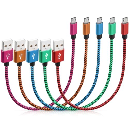 Micro USB Cable 5-Pack, 1ft Braided Android Charging and Data Cord Bulk | Charger Cords, Multi Color - size: 1 Foot