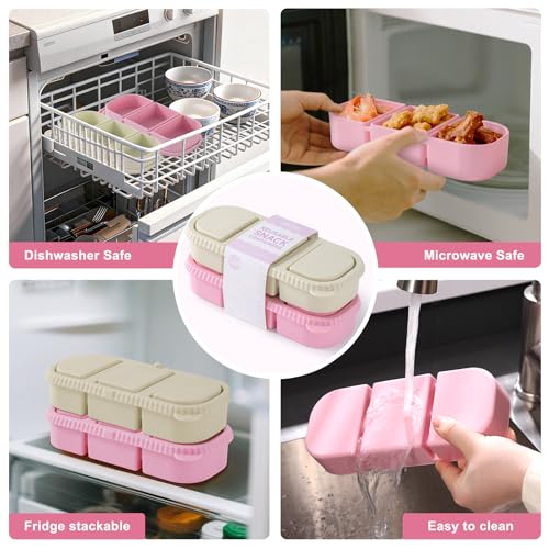 2Pack Silicone Reusable Snack Containers with Lids | Small 3-Compartment Snackle Box |Perfect for Kids Lunch, Sauce, Food Storage at School, Work, Travel - color: 3-Compartment (2-Pack)-Apricot,pink