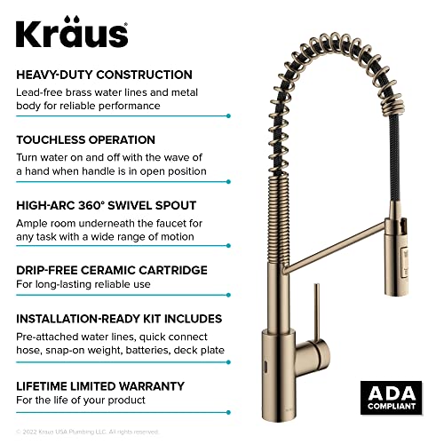 KRAUS Oletto Touchless Sensor Commercial Pull-Down Single Handle Kitchen Faucet with QuickDock Top Mount Assembly in Spot Free Antique Champagne Bronze, KSF-2631SFACB - color: Spot-Free Antique Champagne Bronze, style: Touchless Commercial Style